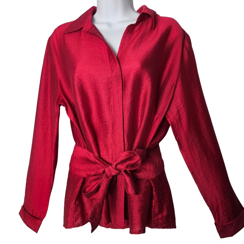 Madison Hill Red Textured Tencel Tie Waist Collared Career‎ Blouse Office Top 14